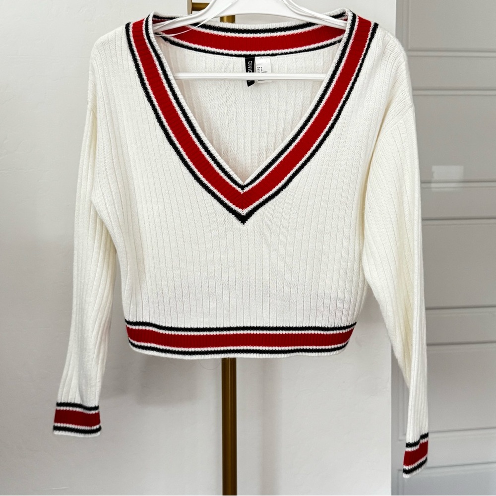 Preppy Retro V Neck White Red Black Sweater‎ ALT ASO Rory Gilmore Indie Sleaze